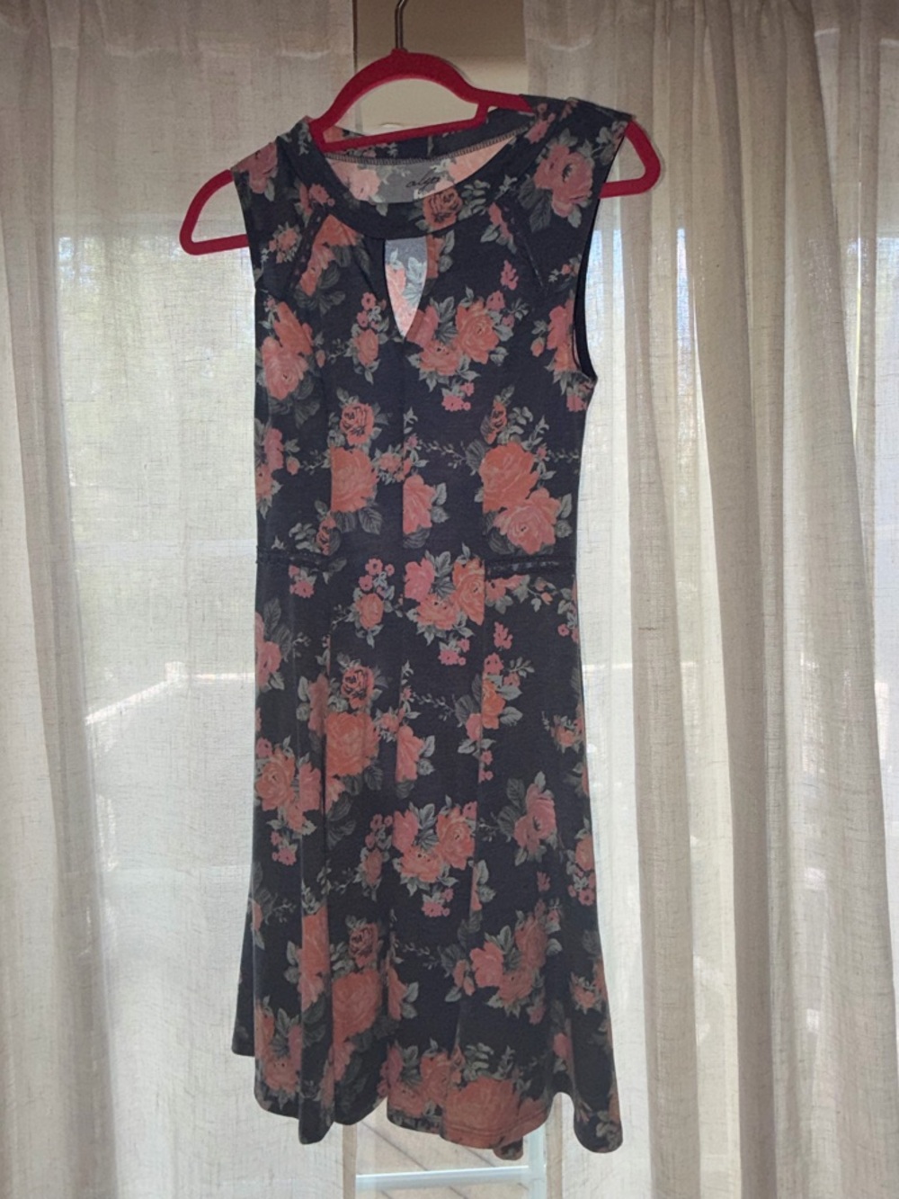 Sleeveless Navy Dress with Coral Floral Print